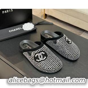 Unique Style Chanel Suede Flat Mules with Paved Strass Black 2025 CH041718