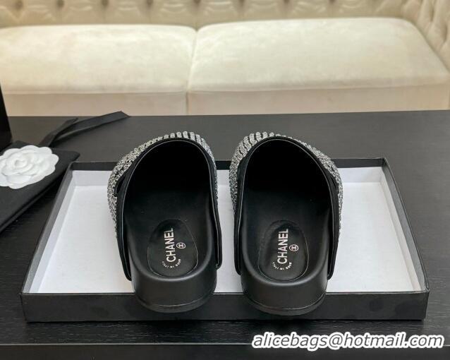 Unique Style Chanel Suede Flat Mules with Paved Strass Black 2025 CH041718