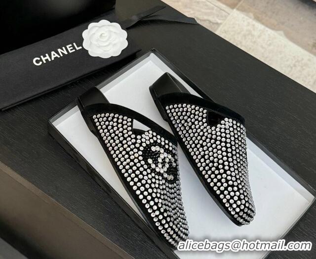 Unique Style Chanel Suede Flat Mules with Paved Strass Black 2025 CH041718