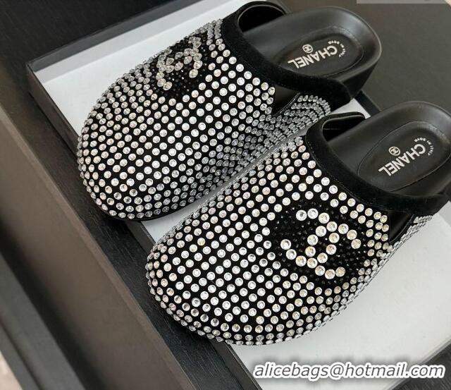 Unique Style Chanel Suede Flat Mules with Paved Strass Black 2025 CH041718