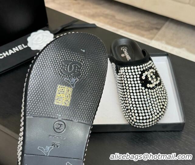 Unique Style Chanel Suede Flat Mules with Paved Strass Black 2025 CH041718