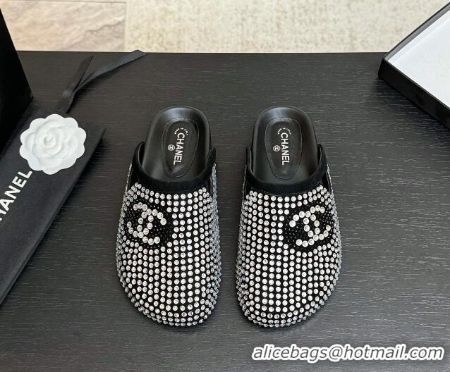 Unique Style Chanel Suede Flat Mules with Paved Strass Black 2025 CH041718