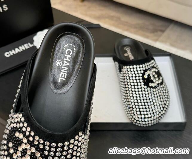 Unique Style Chanel Suede Flat Mules with Paved Strass Black 2025 CH041718