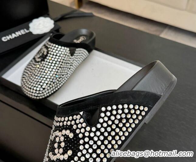 Unique Style Chanel Suede Flat Mules with Paved Strass Black 2025 CH041718
