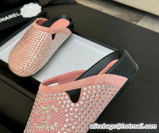 Popular Style Chanel Suede Flat Mules with Paved Strass Pink 2025 CH041718