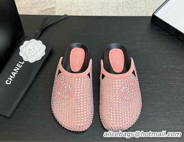 Popular Style Chanel Suede Flat Mules with Paved Strass Pink 2025 CH041718