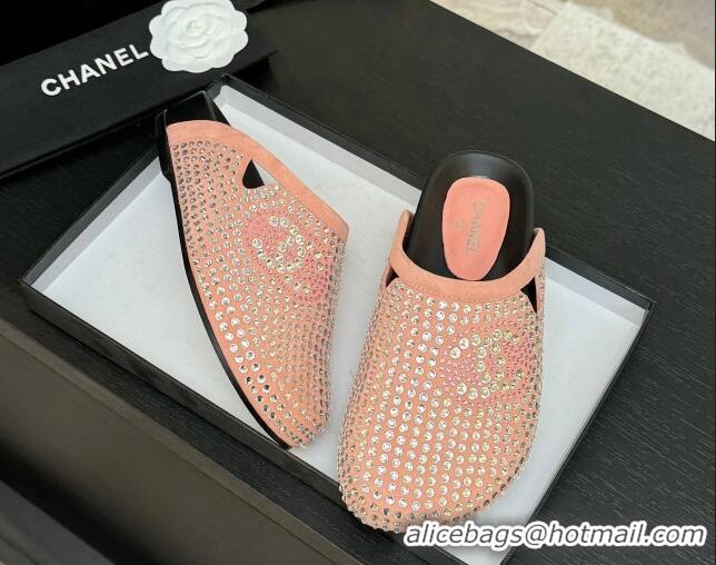 Popular Style Chanel Suede Flat Mules with Paved Strass Pink 2025 CH041718
