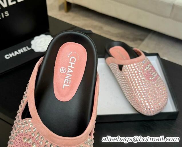 Popular Style Chanel Suede Flat Mules with Paved Strass Pink 2025 CH041718