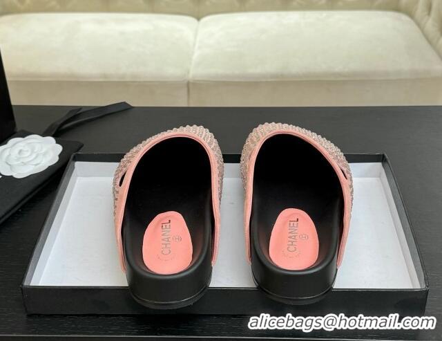 Popular Style Chanel Suede Flat Mules with Paved Strass Pink 2025 CH041718