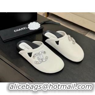 Good Looking Chanel Calfskin Flat Mules with Strass CC White 2025 CH041718