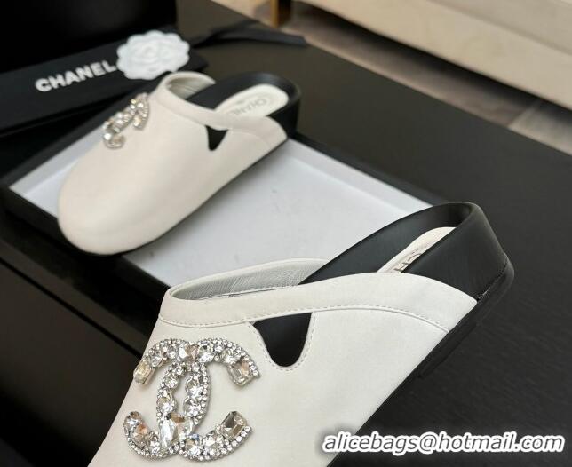 Good Looking Chanel Calfskin Flat Mules with Strass CC White 2025 CH041718