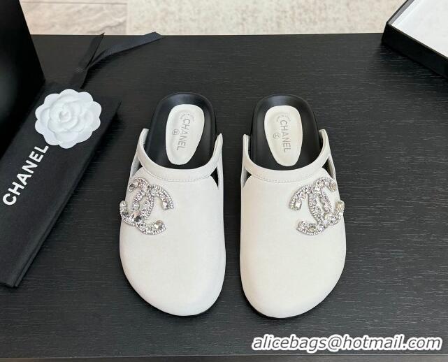Good Looking Chanel Calfskin Flat Mules with Strass CC White 2025 CH041718