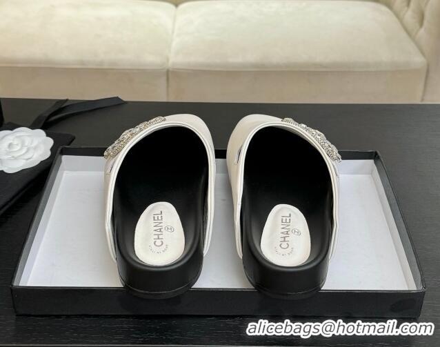 Good Looking Chanel Calfskin Flat Mules with Strass CC White 2025 CH041718