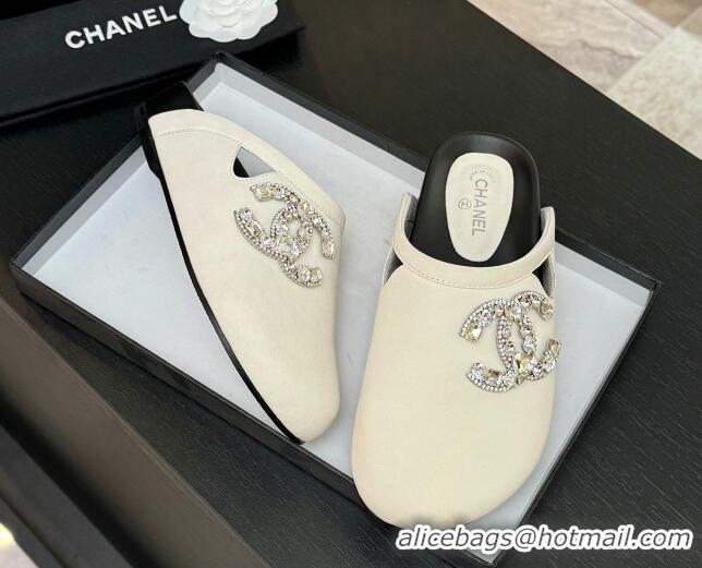 Good Looking Chanel Calfskin Flat Mules with Strass CC White 2025 CH041718