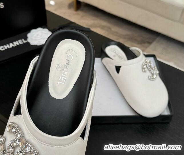 Good Looking Chanel Calfskin Flat Mules with Strass CC White 2025 CH041718