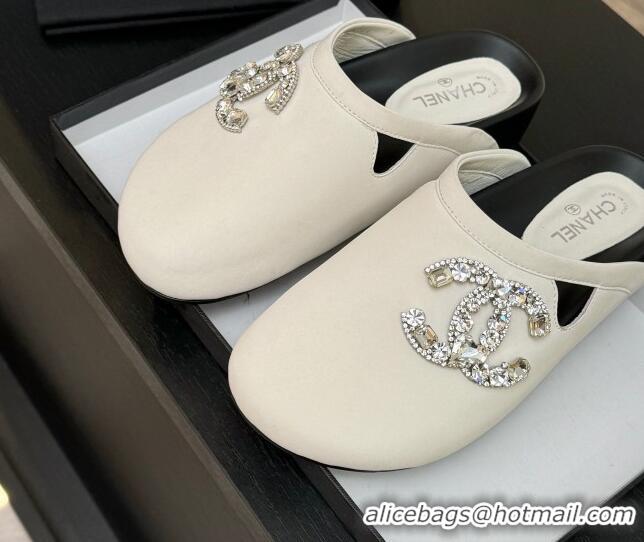 Good Looking Chanel Calfskin Flat Mules with Strass CC White 2025 CH041718