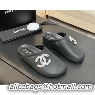 Feminine Chanel Calfskin Flat Mules with Strass CC Black 2025 CH041718