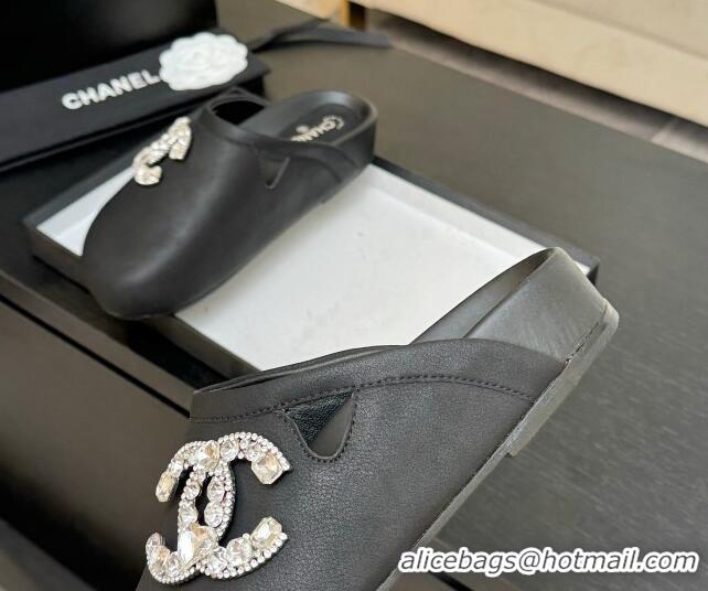 Feminine Chanel Calfskin Flat Mules with Strass CC Black 2025 CH041718