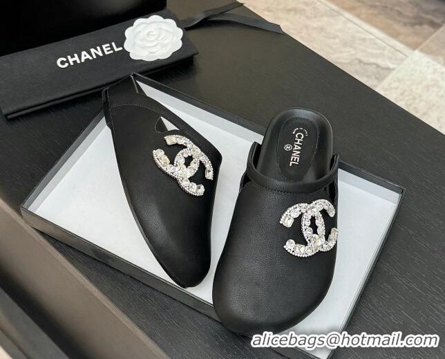 Feminine Chanel Calfskin Flat Mules with Strass CC Black 2025 CH041718