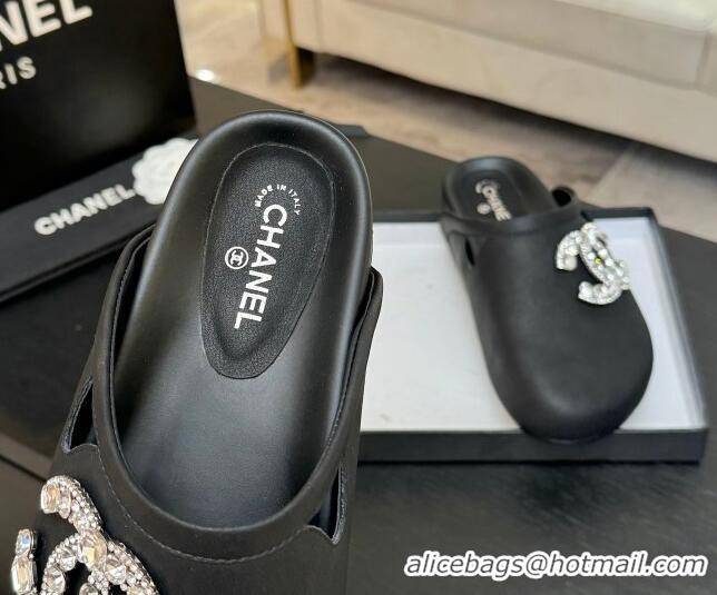 Feminine Chanel Calfskin Flat Mules with Strass CC Black 2025 CH041718