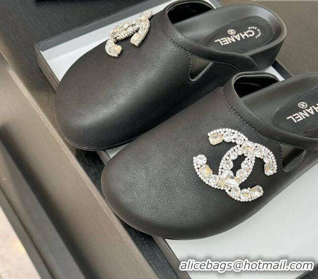 Feminine Chanel Calfskin Flat Mules with Strass CC Black 2025 CH041718