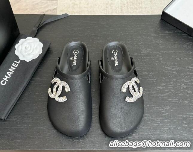 Feminine Chanel Calfskin Flat Mules with Strass CC Black 2025 CH041718