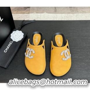 Best Product Chanel Calfskin Flat Mules with Strass CC Yellow 2025 CH041718