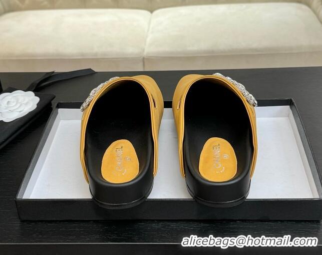 Best Product Chanel Calfskin Flat Mules with Strass CC Yellow 2025 CH041718