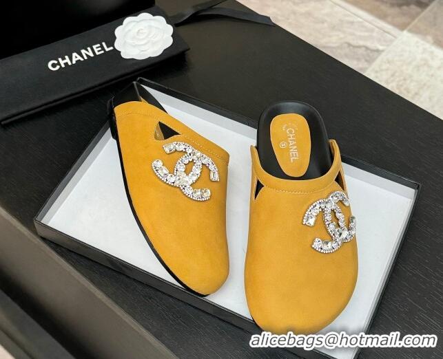 Best Product Chanel Calfskin Flat Mules with Strass CC Yellow 2025 CH041718