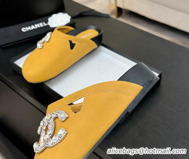 Best Product Chanel Calfskin Flat Mules with Strass CC Yellow 2025 CH041718