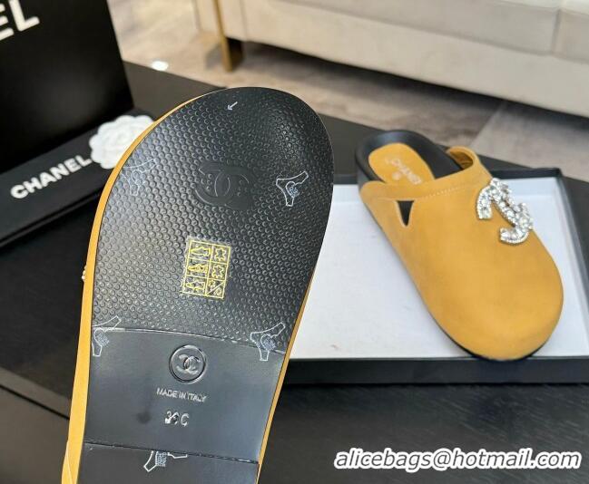 Best Product Chanel Calfskin Flat Mules with Strass CC Yellow 2025 CH041718