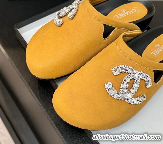Best Product Chanel Calfskin Flat Mules with Strass CC Yellow 2025 CH041718