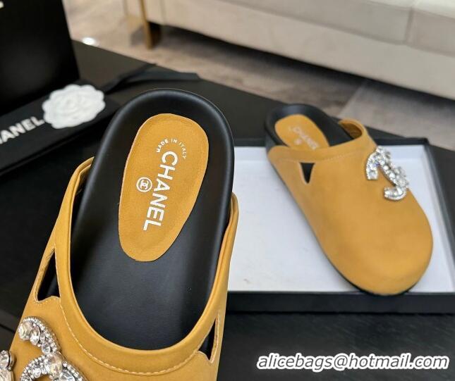 Best Product Chanel Calfskin Flat Mules with Strass CC Yellow 2025 CH041718