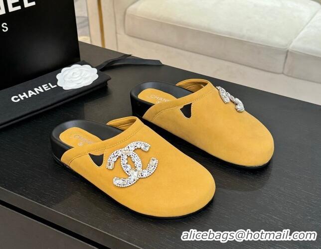 Best Product Chanel Calfskin Flat Mules with Strass CC Yellow 2025 CH041718