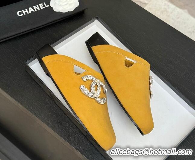 Best Product Chanel Calfskin Flat Mules with Strass CC Yellow 2025 CH041718