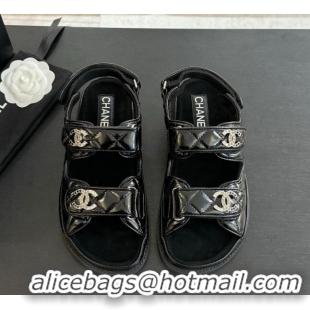 Good Product Chanel Patent Calfskin Flat Strap Sandals with Strass CC Black 2025 CH041719