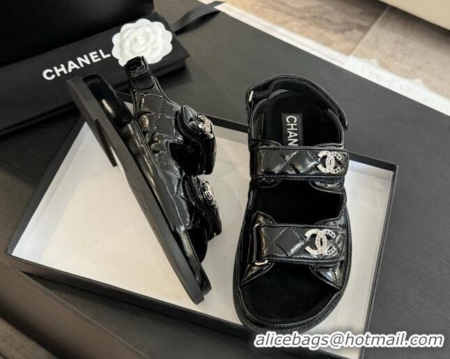 Good Product Chanel Patent Calfskin Flat Strap Sandals with Strass CC Black 2025 CH041719