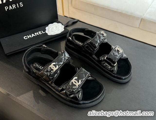 Good Product Chanel Patent Calfskin Flat Strap Sandals with Strass CC Black 2025 CH041719
