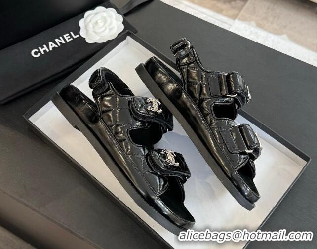 Good Product Chanel Patent Calfskin Flat Strap Sandals with Strass CC Black 2025 CH041719