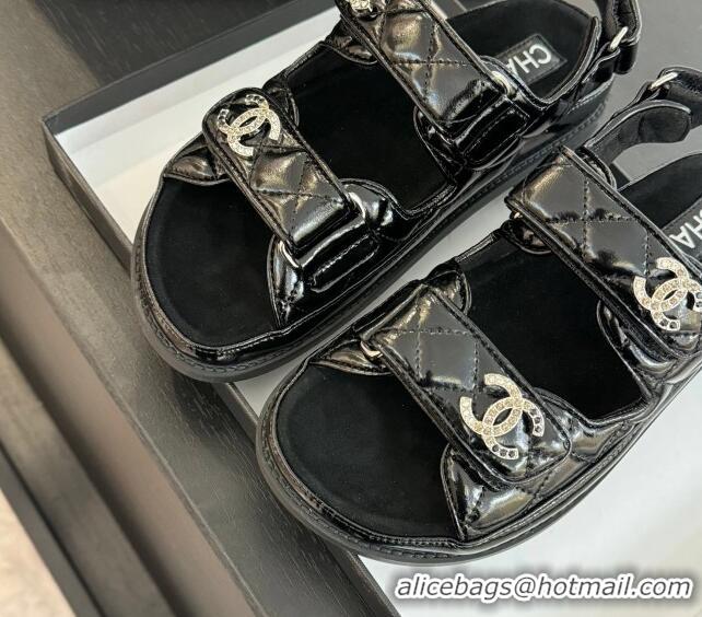 Good Product Chanel Patent Calfskin Flat Strap Sandals with Strass CC Black 2025 CH041719