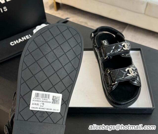 Good Product Chanel Patent Calfskin Flat Strap Sandals with Strass CC Black 2025 CH041719