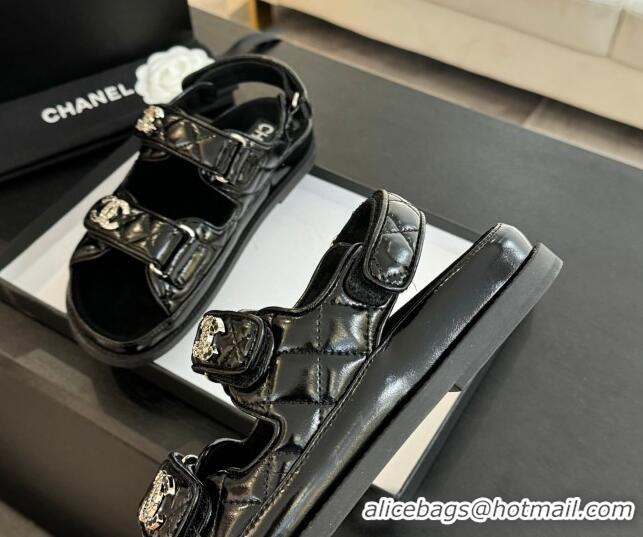Good Product Chanel Patent Calfskin Flat Strap Sandals with Strass CC Black 2025 CH041719