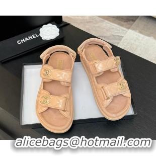 Most Popular Chanel Patent Calfskin Flat Strap Sandals with Strass CC Nude Pink 2025 CH041719