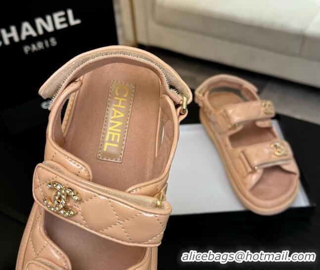 Most Popular Chanel Patent Calfskin Flat Strap Sandals with Strass CC Nude Pink 2025 CH041719