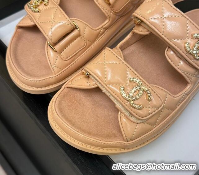 Most Popular Chanel Patent Calfskin Flat Strap Sandals with Strass CC Nude Pink 2025 CH041719