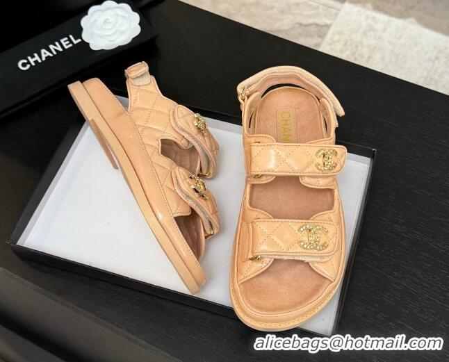 Most Popular Chanel Patent Calfskin Flat Strap Sandals with Strass CC Nude Pink 2025 CH041719
