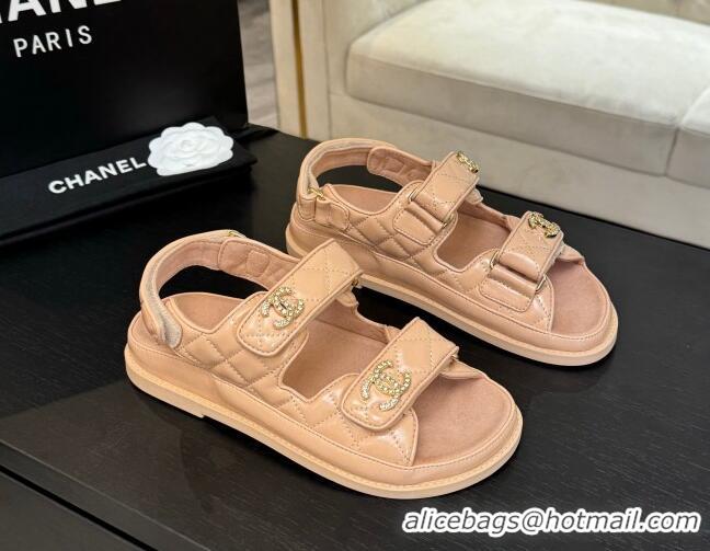 Most Popular Chanel Patent Calfskin Flat Strap Sandals with Strass CC Nude Pink 2025 CH041719