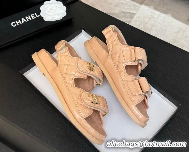 Most Popular Chanel Patent Calfskin Flat Strap Sandals with Strass CC Nude Pink 2025 CH041719
