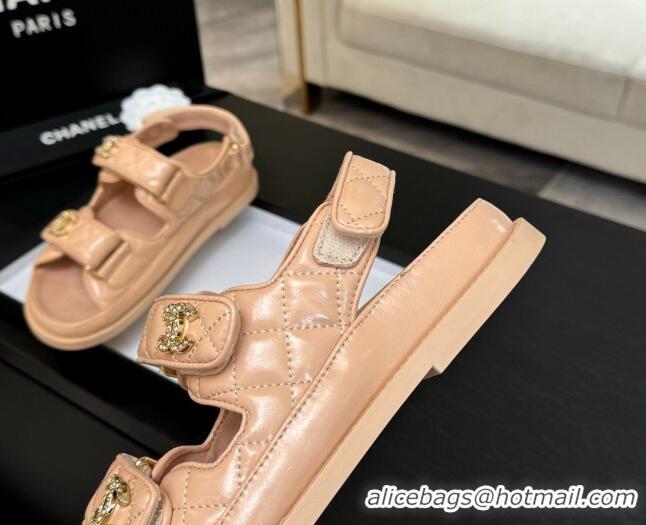 Most Popular Chanel Patent Calfskin Flat Strap Sandals with Strass CC Nude Pink 2025 CH041719