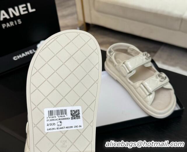 Pretty Style Chanel Patent Calfskin Flat Strap Sandals with Strass CC White 2025 CH041719